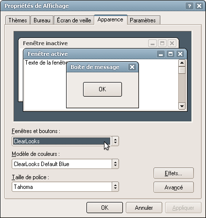 Les propriétés d'Affichage > Apparence avec le thème ClearLooks